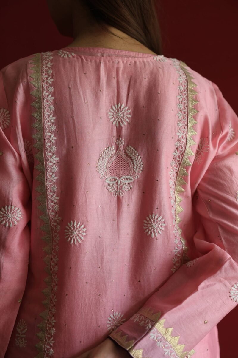 Chanderi Daraz Applique Chikankari Mukaish Kurta Dupatta Set