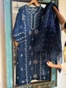 Blue Noor Organza Applique Chikankari Mukaish Kurta Dupatta Set