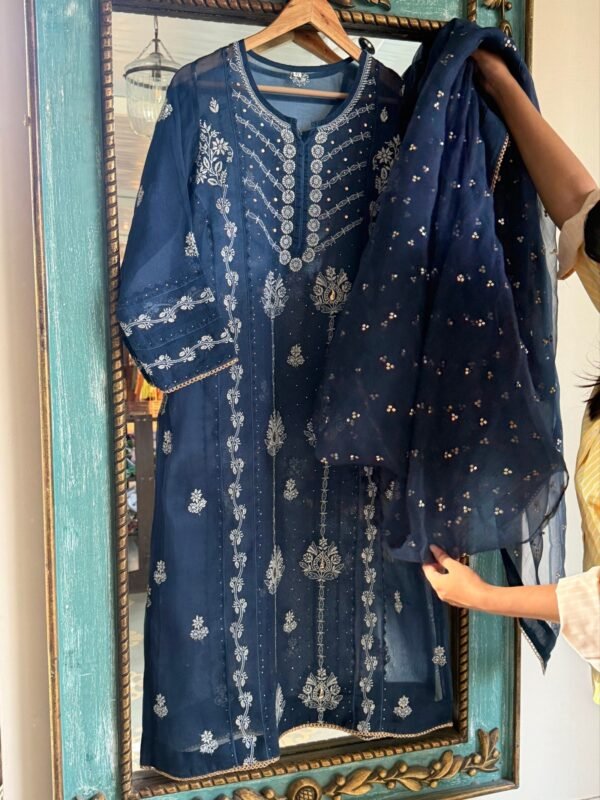 Blue Noor Organza Applique Chikankari Mukaish Kurta Dupatta Set - Image 9
