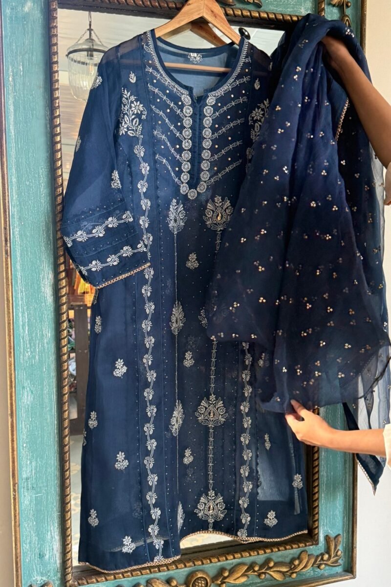 Blue Noor Organza Applique Chikankari Mukaish Kurta Dupatta Set