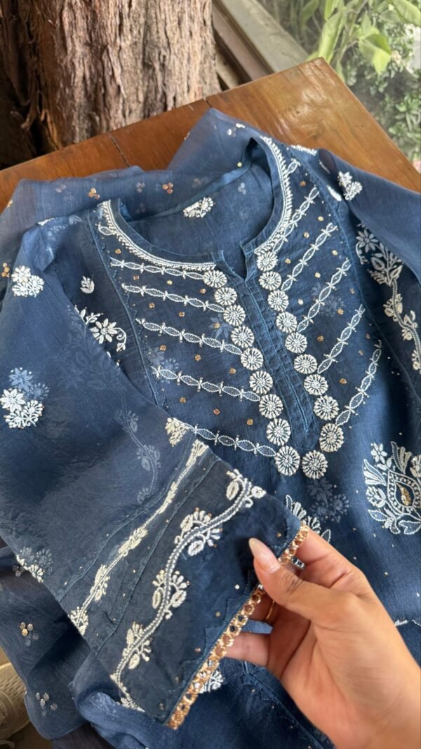 Blue Noor Organza Applique Chikankari Mukaish Kurta Dupatta Set
