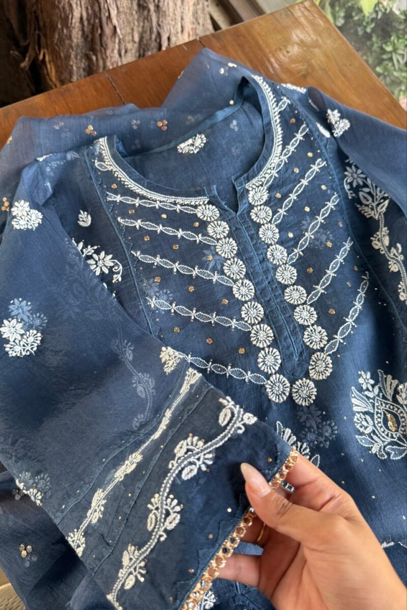 Blue Noor Organza Applique Chikankari Mukaish Kurta Dupatta Set