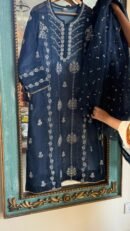 Blue Noor Organza Applique Chikankari Mukaish Kurta Dupatta Set