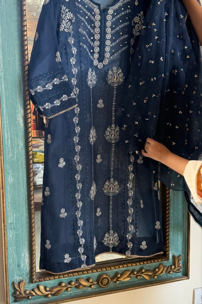 Blue Noor Organza Applique Chikankari Mukaish Kurta Dupatta Set