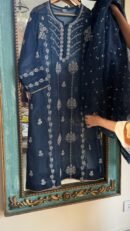 Blue Noor Organza Applique Chikankari Mukaish Kurta Dupatta Set