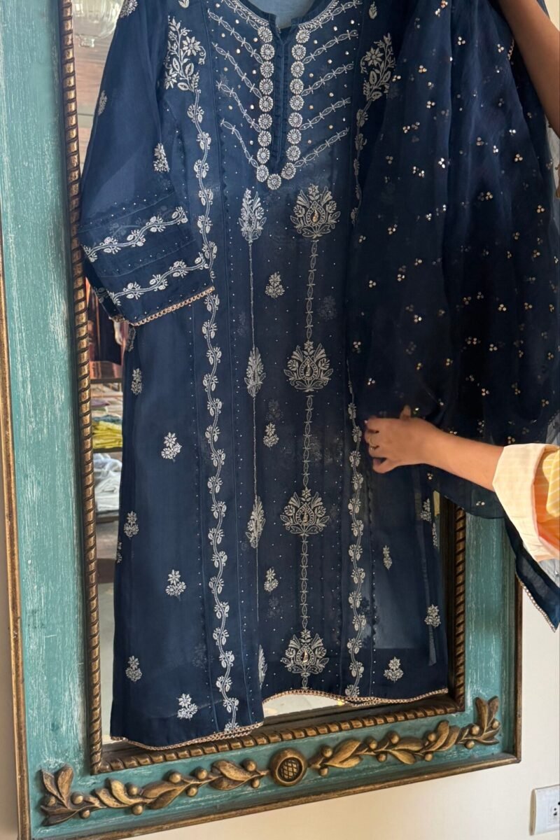 Blue Noor Organza Applique Chikankari Mukaish Kurta Dupatta Set