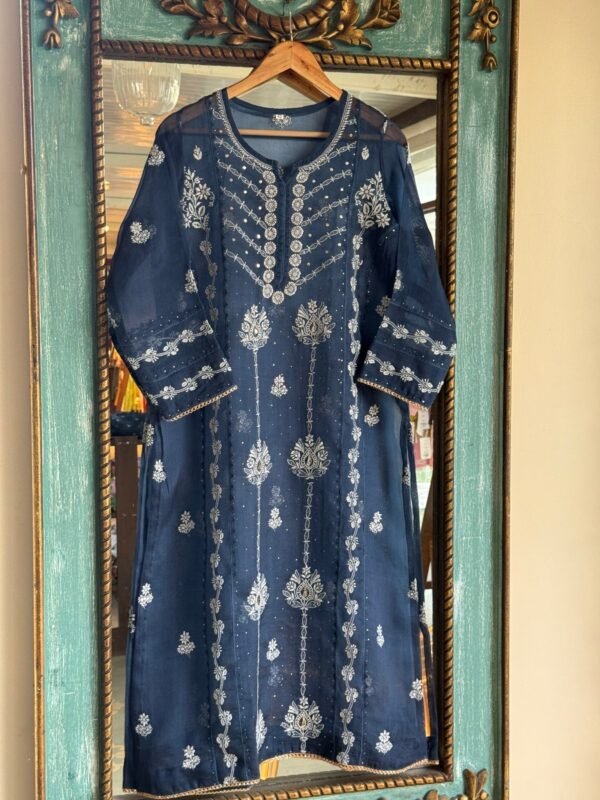 Blue Noor Organza Applique Chikankari Mukaish Kurta Dupatta Set - Image 5