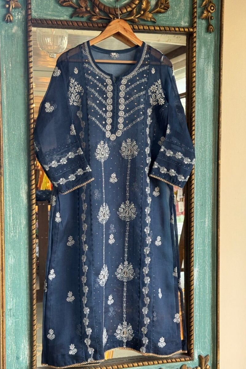 Blue Noor Organza Applique Chikankari Mukaish Kurta Dupatta Set