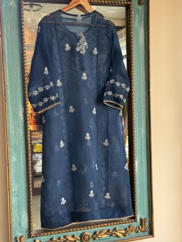 Blue Noor Organza Applique Chikankari Mukaish Kurta Dupatta Set - Image 2