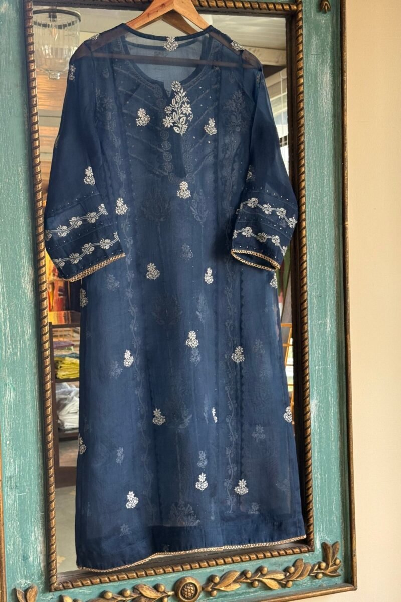Blue Noor Organza Applique Chikankari Mukaish Kurta Dupatta Set