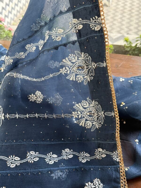 Blue Noor Organza Applique Chikankari Mukaish Kurta Dupatta Set - Image 7