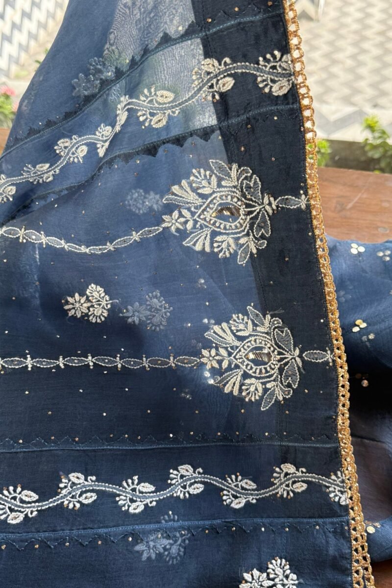 Blue Noor Organza Applique Chikankari Mukaish Kurta Dupatta Set