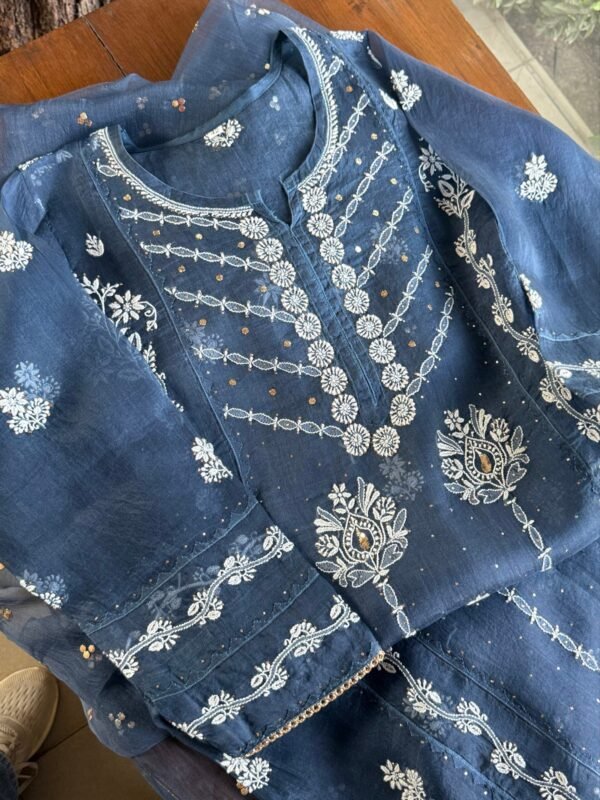 Blue Noor Organza Applique Chikankari Mukaish Kurta Dupatta Set - Image 8