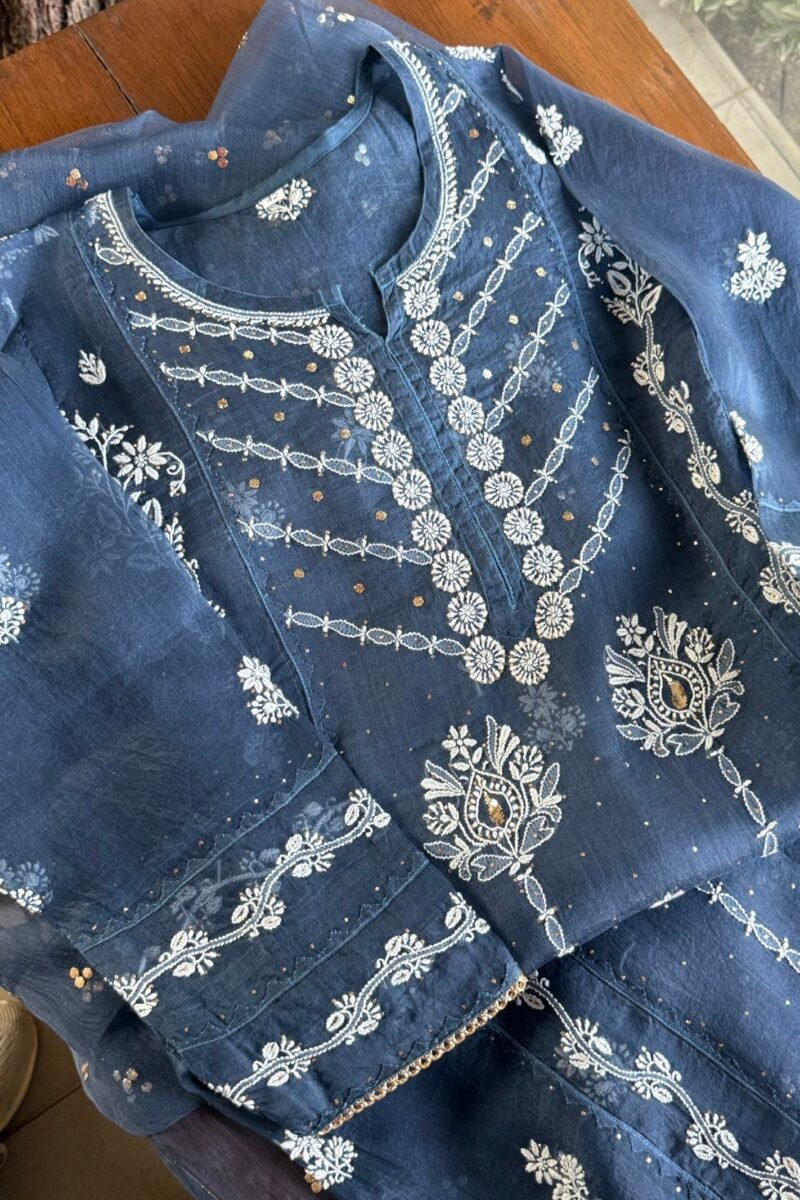Blue Noor Organza Applique Chikankari Mukaish Kurta Dupatta Set