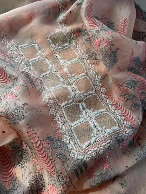 Peach Noor Organza Silk Chikankari With Mukaish Kamdani Fabric - Image 5
