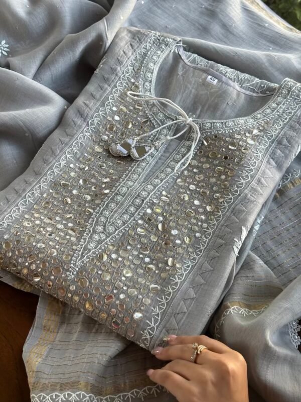 Soft Mulmul Mirror Work X Chikankari Kurta Set - Image 11