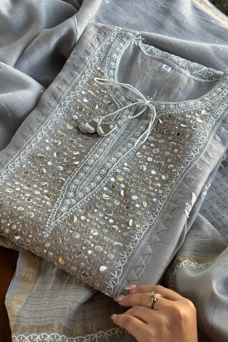 Soft Mulmul Mirror Work X Chikankari Kurta Set
