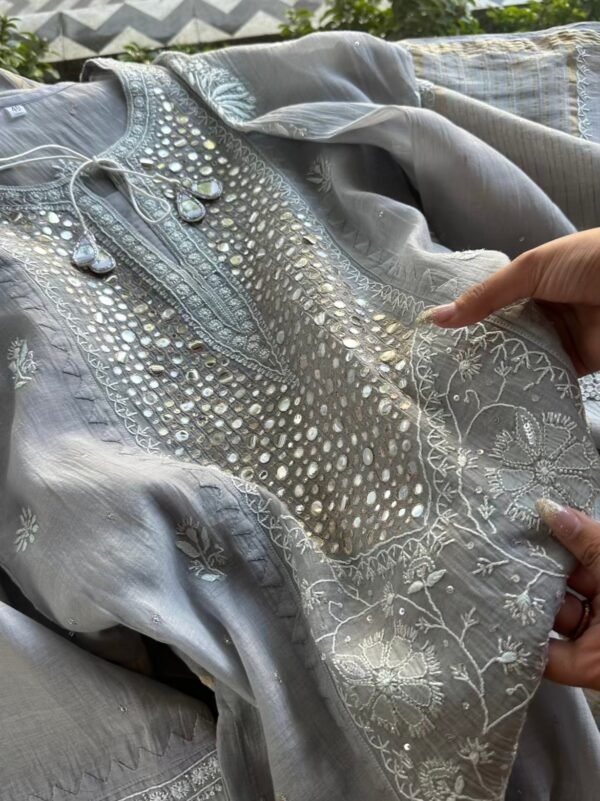 Soft Mulmul Mirror Work X Chikankari Kurta Set