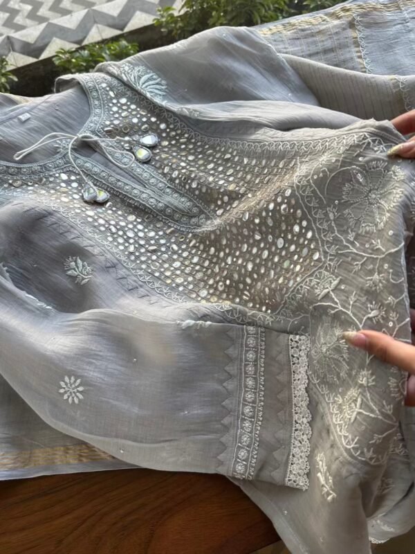 Soft Mulmul Mirror Work X Chikankari Kurta Set - Image 6