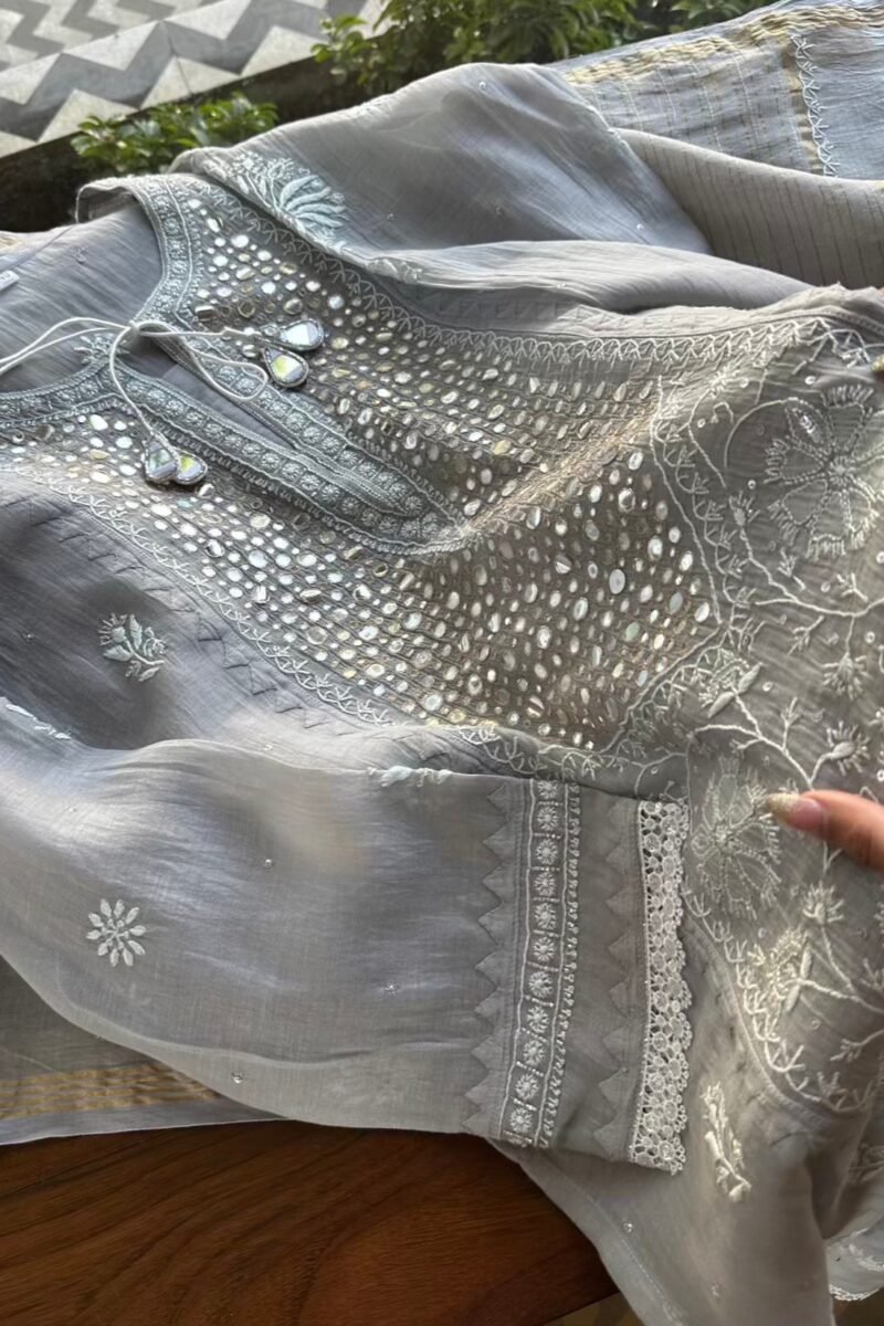 Soft Mulmul Mirror Work X Chikankari Kurta Set