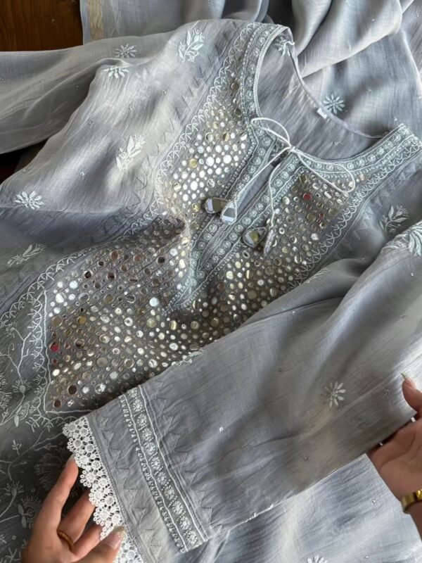 Soft Mulmul Mirror Work X Chikankari Kurta Set - Image 7