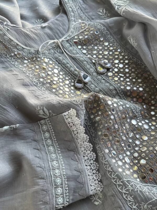 Soft Mulmul Mirror Work X Chikankari Kurta Set - Image 4