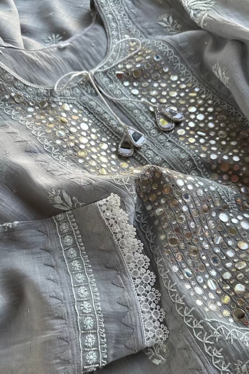 Soft Mulmul Mirror Work X Chikankari Kurta Set