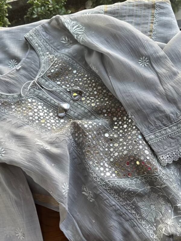Soft Mulmul Mirror Work X Chikankari Kurta Set - Image 3