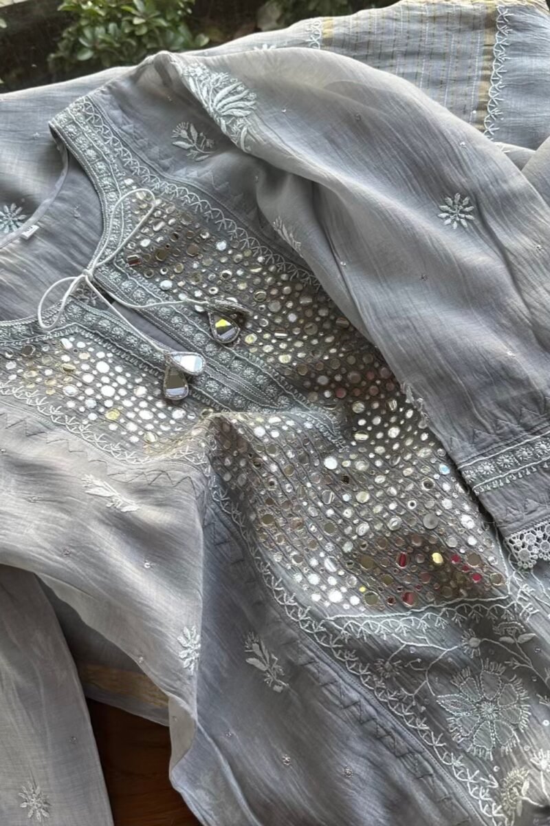 Soft Mulmul Mirror Work X Chikankari Kurta Set