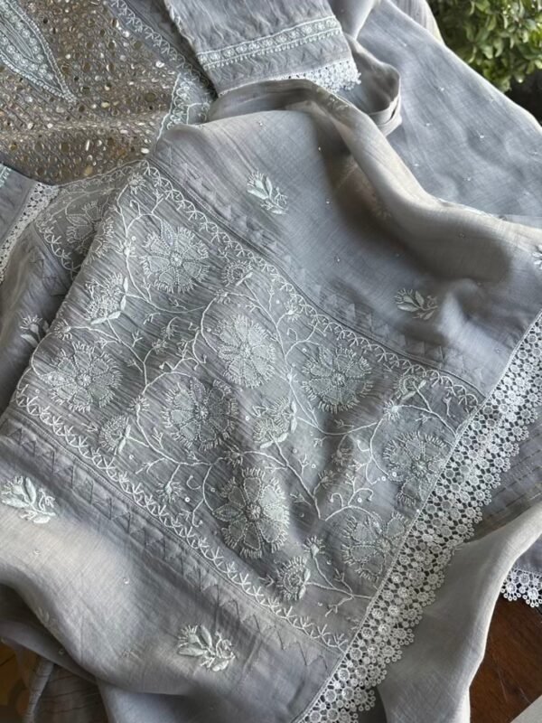 Soft Mulmul Mirror Work X Chikankari Kurta Set - Image 9