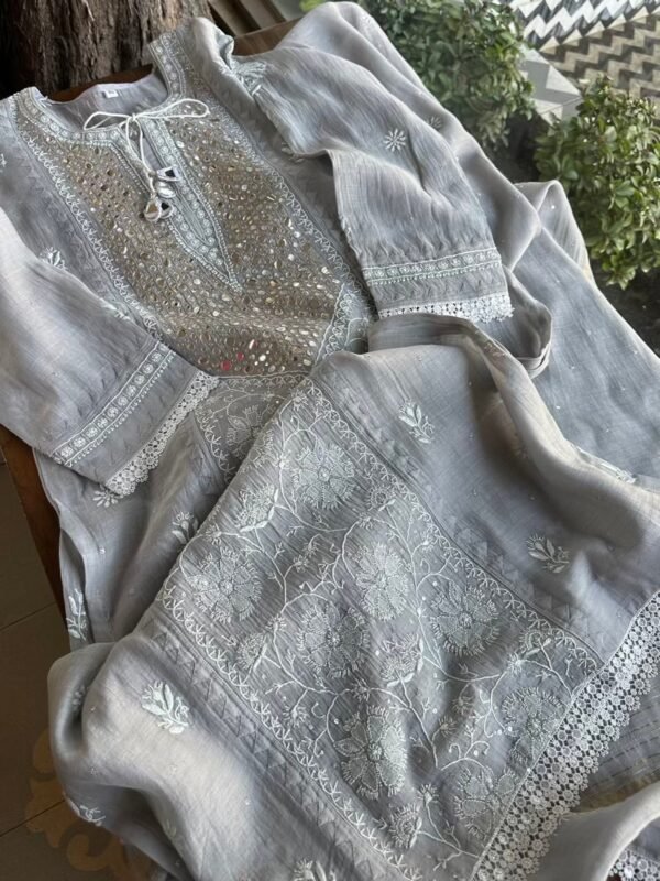 Soft Mulmul Mirror Work X Chikankari Kurta Set - Image 12
