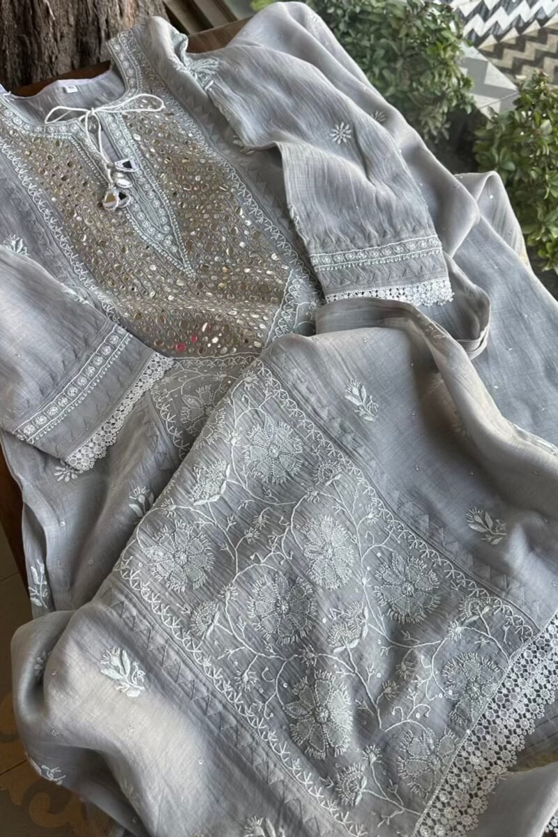 Soft Mulmul Mirror Work X Chikankari Kurta Set