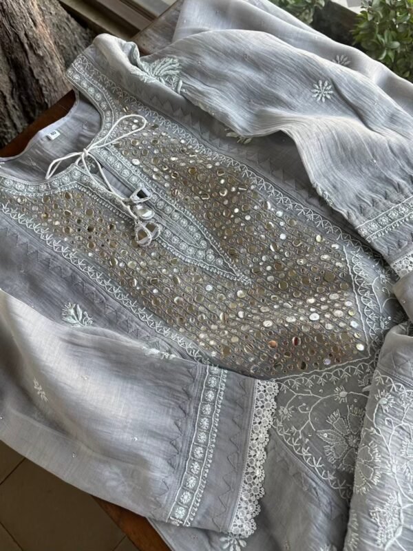 Soft Mulmul Mirror Work X Chikankari Kurta Set - Image 10