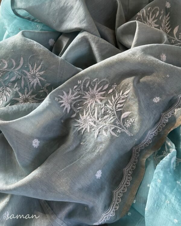 Ice Blue Noor Organza Cutwork Chikankari Saree - Image 10