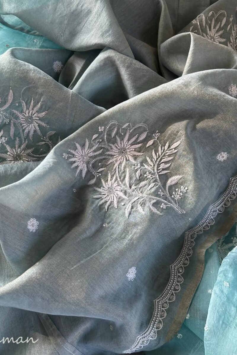 Ice Blue Noor Organza Cutwork Chikankari Saree