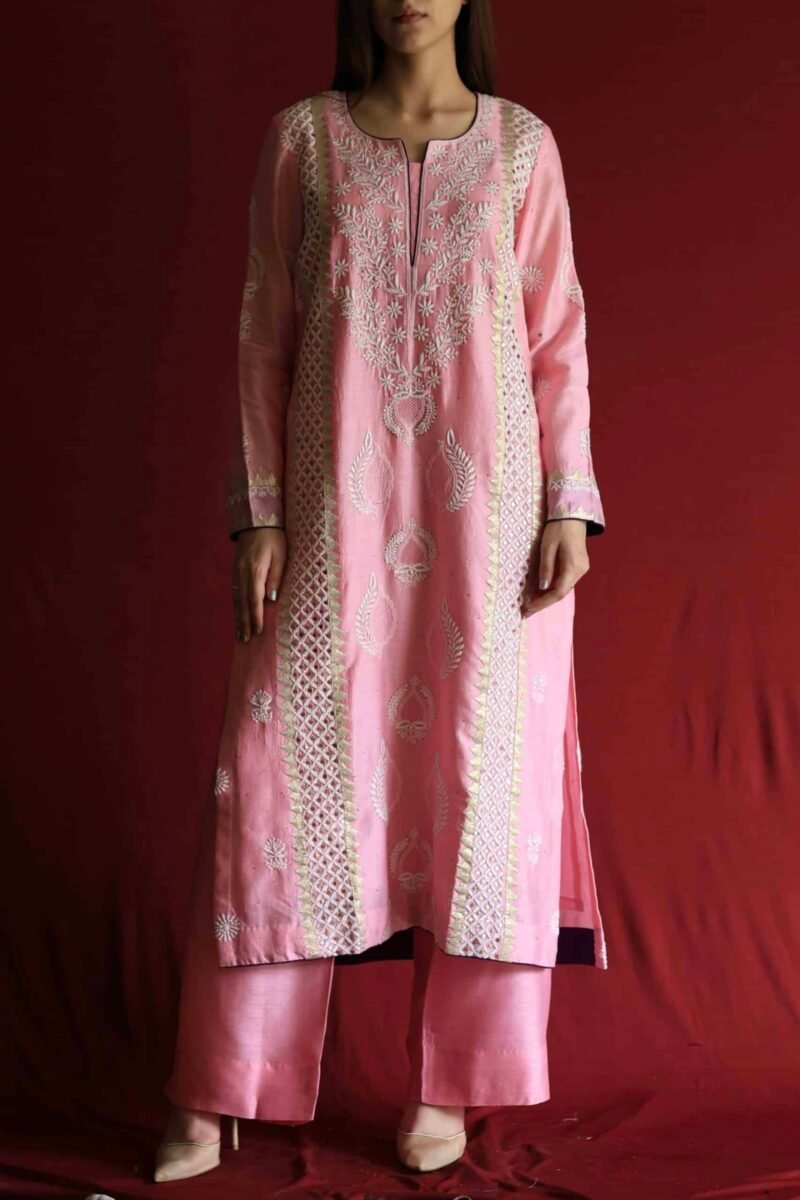 Chanderi Daraz Applique Chikankari Mukaish Kurta Dupatta Set