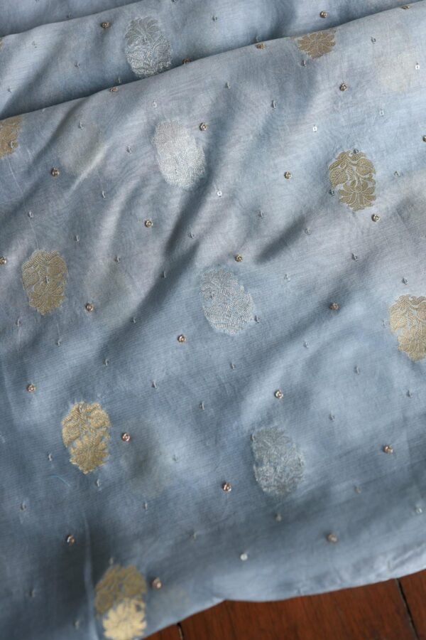 Silk Blue Banarasi Zari Chanderi Unstitched Chikankari Fabrics - Image 5