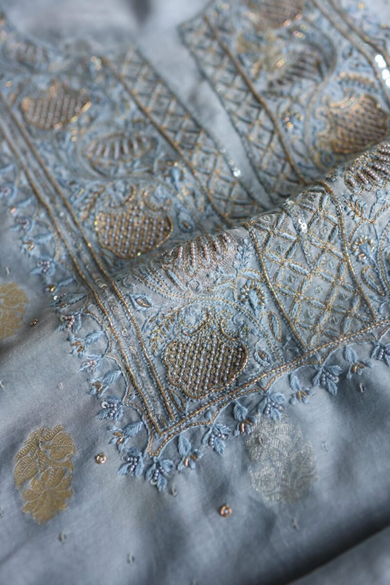 Silk Blue Banarasi Zari Chanderi Unstitched Chikankari Fabrics