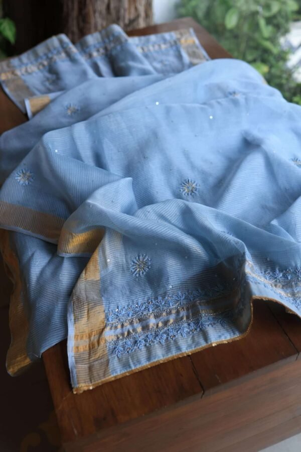 Silk Blue Banarasi Zari Chanderi Unstitched Chikankari Fabrics - Image 10