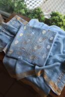 Silk Blue Banarasi Zari Chanderi Unstitched Chikankari Fabrics