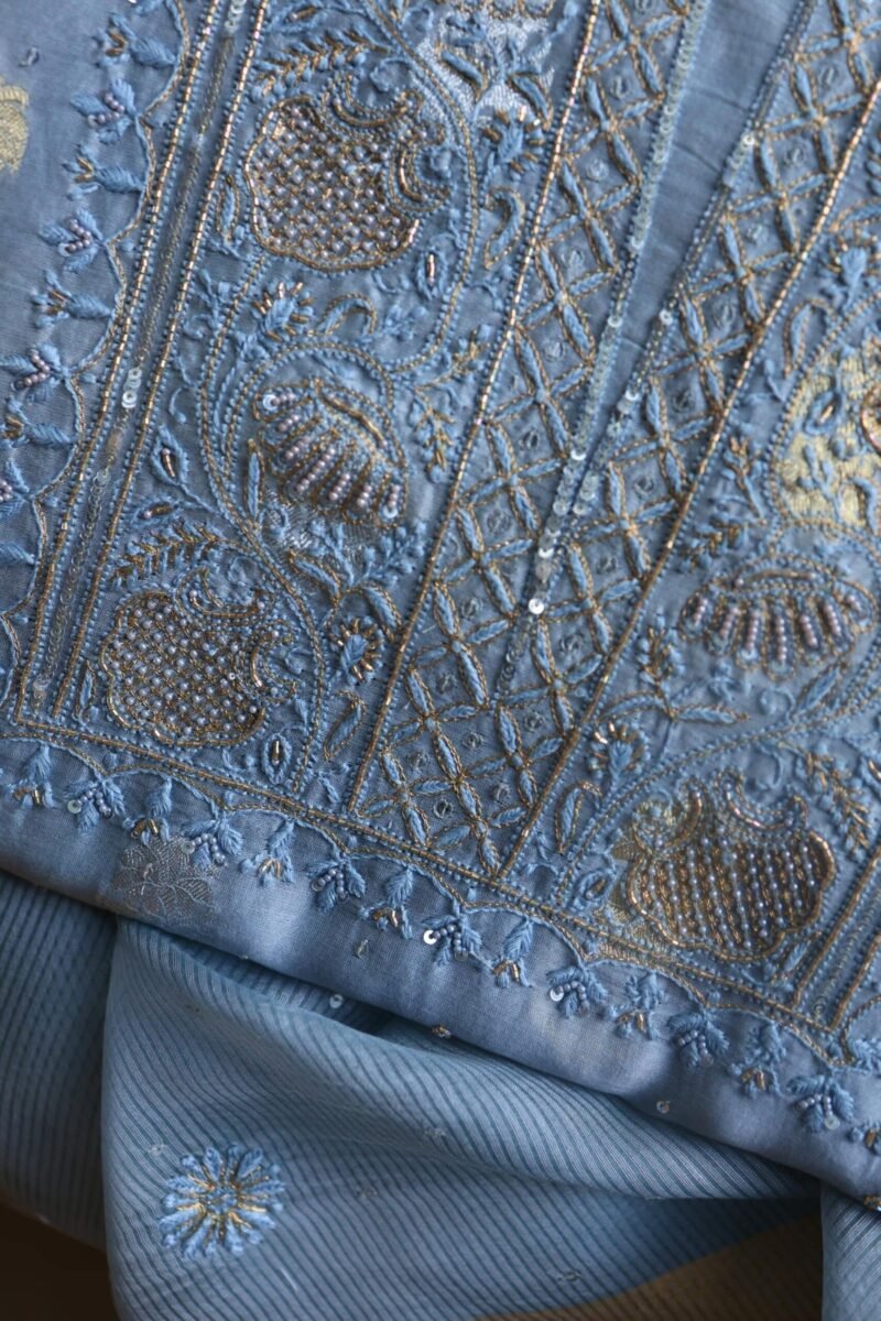 Silk Blue Banarasi Zari Chanderi Unstitched Chikankari Fabrics