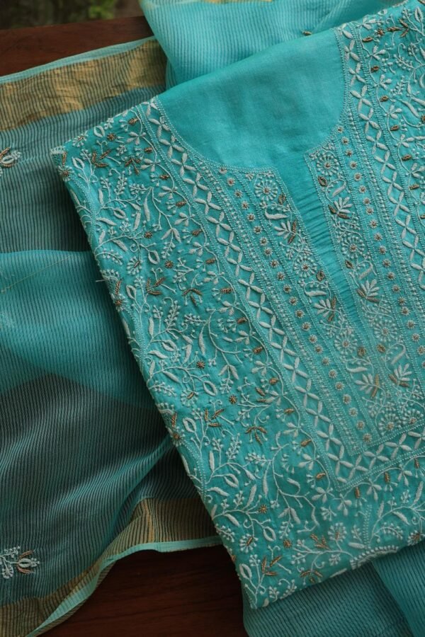 Green Paper Tussar Resham Chikankari Unstitched Kurta Dupatta Set - Image 7