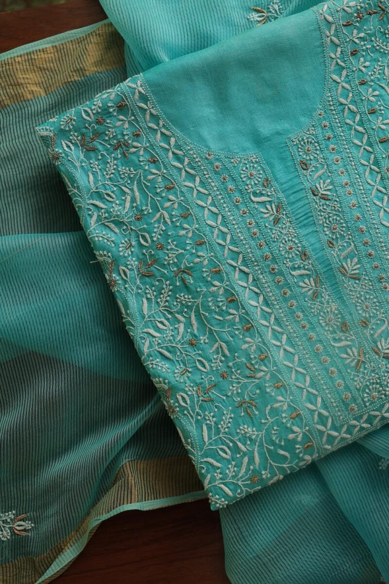 Green Paper Tussar Resham Chikankari Unstitched Kurta Dupatta Set