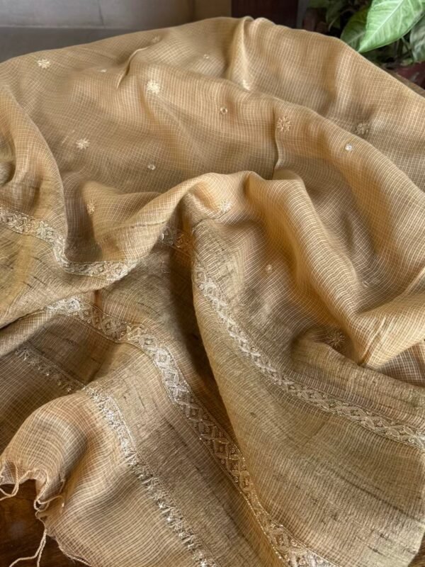 Beige Handloom Kota Chikankari With Mirror Work Unstitched Kurta Dupatta Set - Image 2