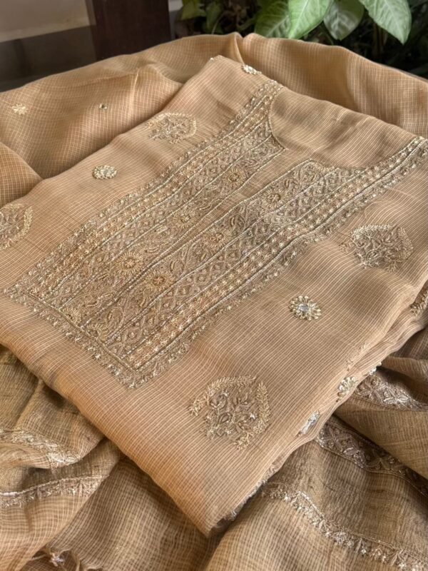 Beige Handloom Kota Chikankari With Mirror Work Unstitched Kurta Dupatta Set - Image 3