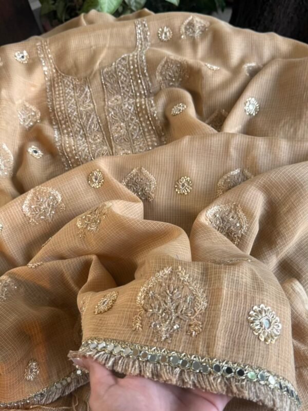 Beige Handloom Kota Chikankari With Mirror Work Unstitched Kurta Dupatta Set