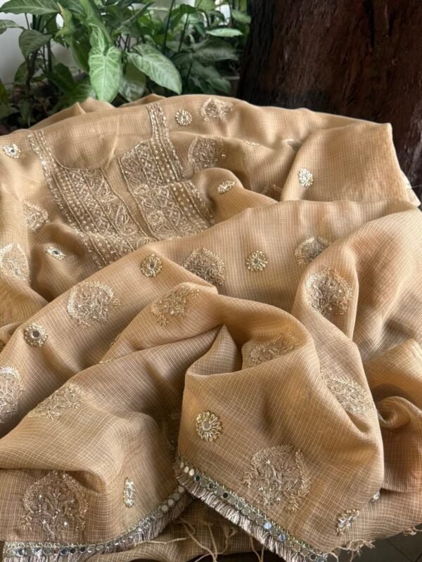 Beige Handloom Kota Chikankari With Mirror Work Unstitched Kurta Dupatta Set - Image 5