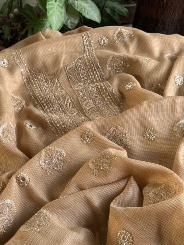 Beige Handloom Kota Chikankari With Mirror Work Unstitched Kurta Dupatta Set - Image 6