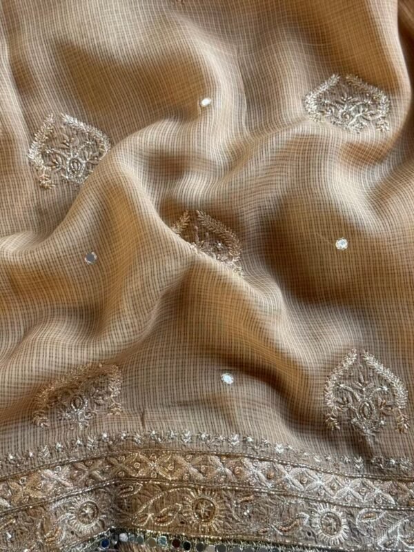 Beige Handloom Kota Chikankari With Mirror Work Unstitched Kurta Dupatta Set - Image 7