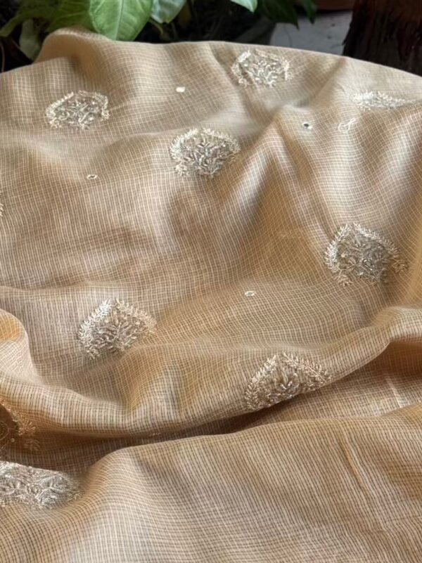 Beige Handloom Kota Chikankari With Mirror Work Unstitched Kurta Dupatta Set - Image 8